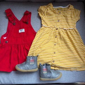 12mo girl dresses + boots size 4